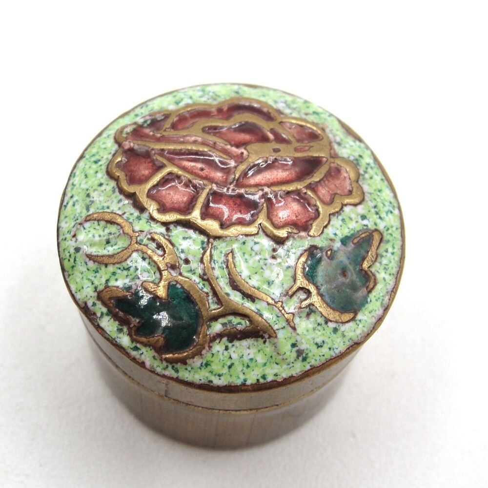 Vintage Chinese Cloisonné Enamel Trinket Box Brass Pill Case Pink Rose Floral